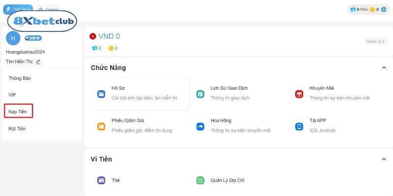 Chọn Nạp tiền trên thanh công cụ để bắt đầu giao dịch